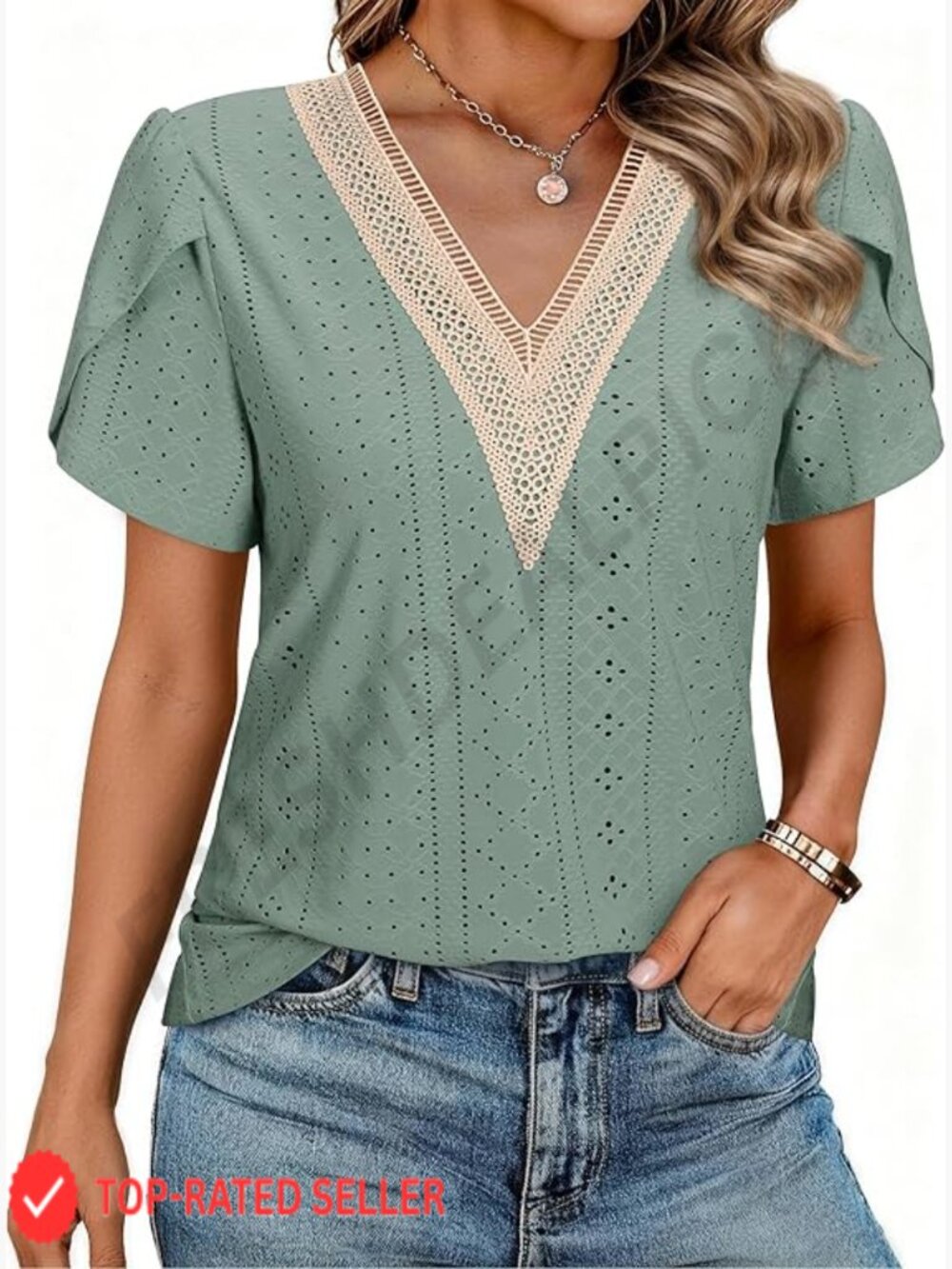 Boho Lace V-Neck Eyelet Blouse Short Sleeve Summer Casual Chic Top